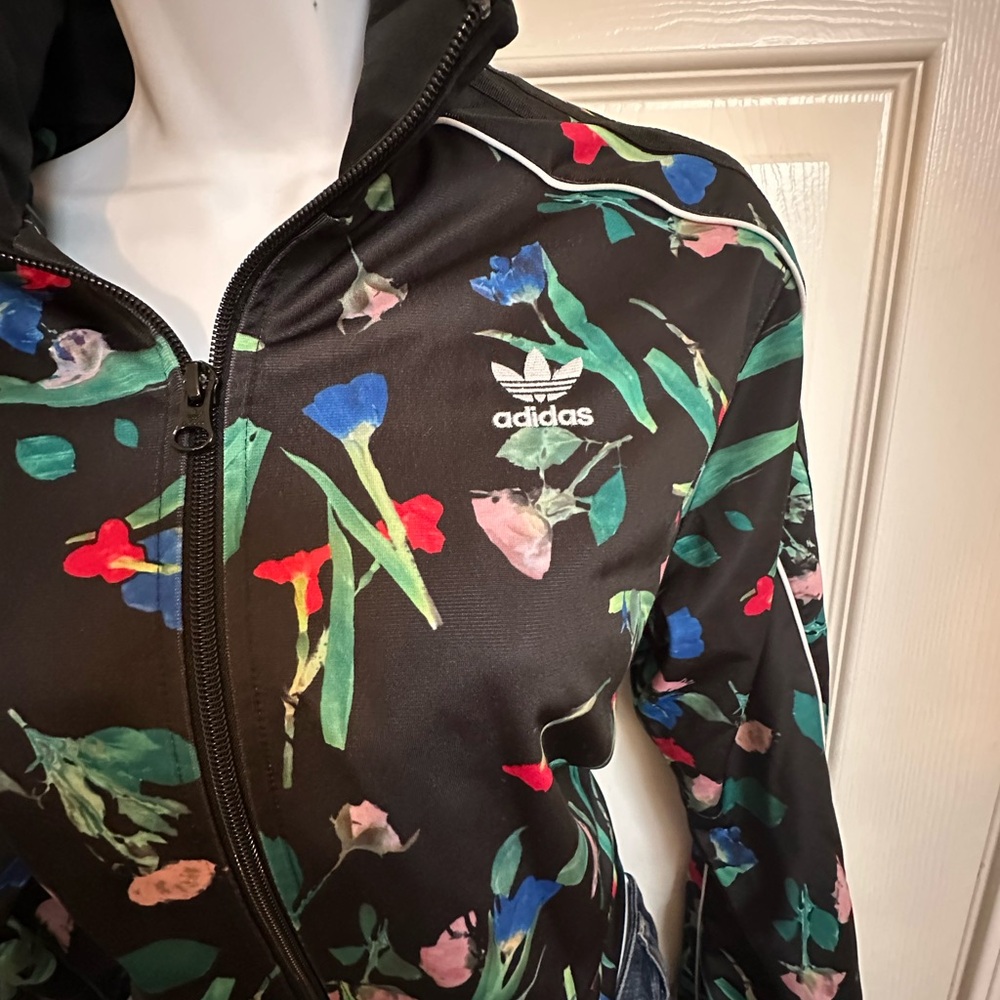 adidas Black Floral Zip Track Jacket with Multicolor Blooms - Picture 2 of 4